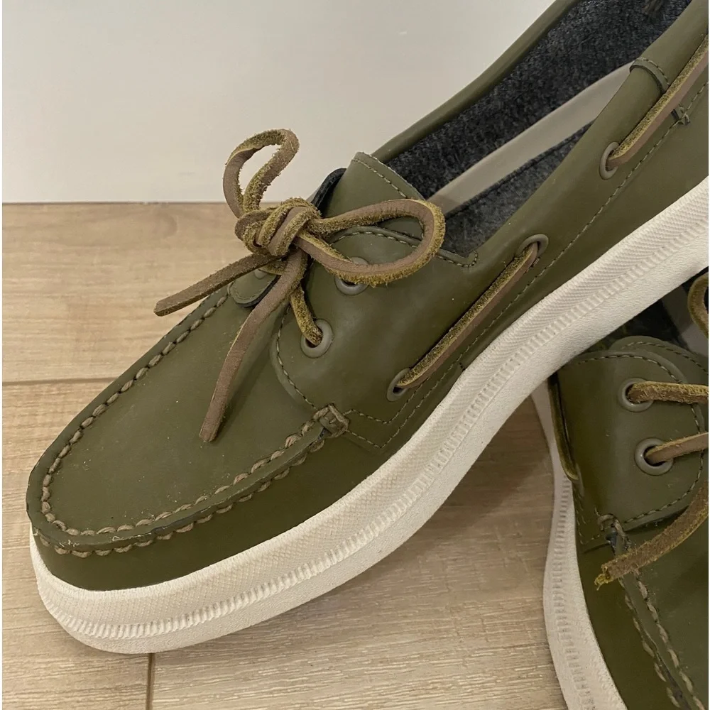 Sperry Top Sider Leather 2 Eye Raincoat Olive Green Boat Shoes